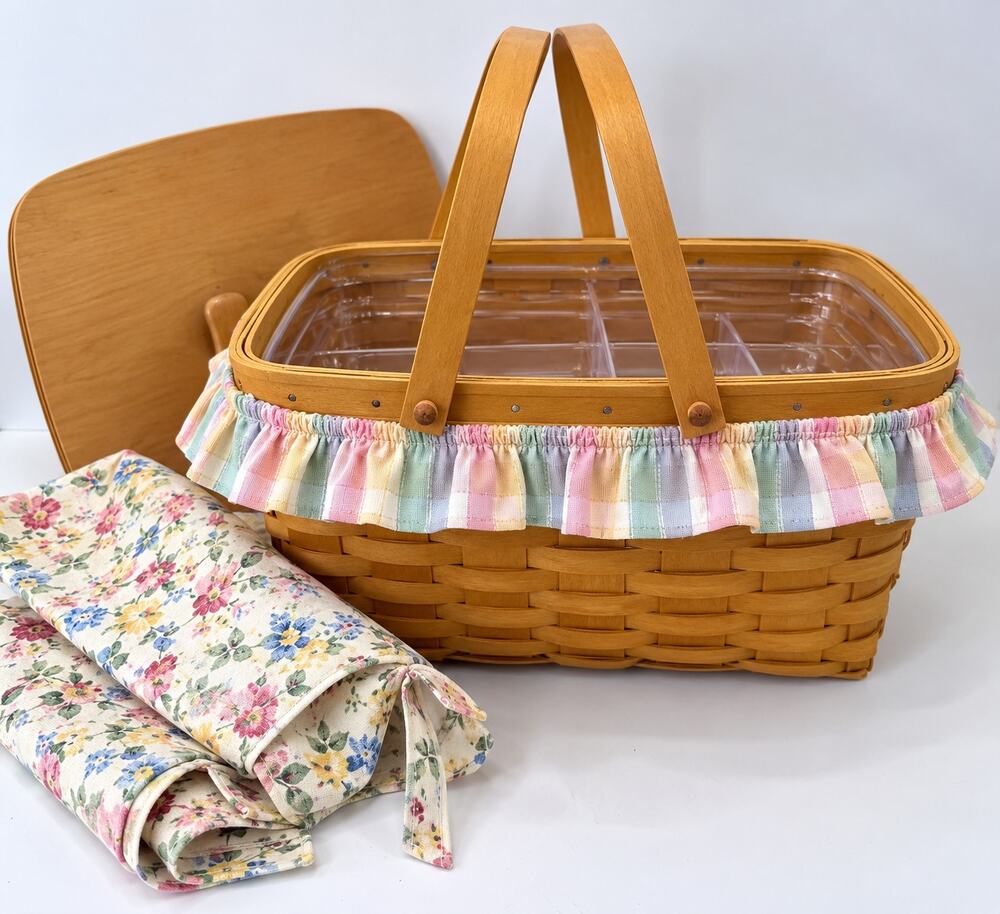 Longaberger 2002 Picnic Basket Market Tray Lid Spring Floral Liner Garter NEW